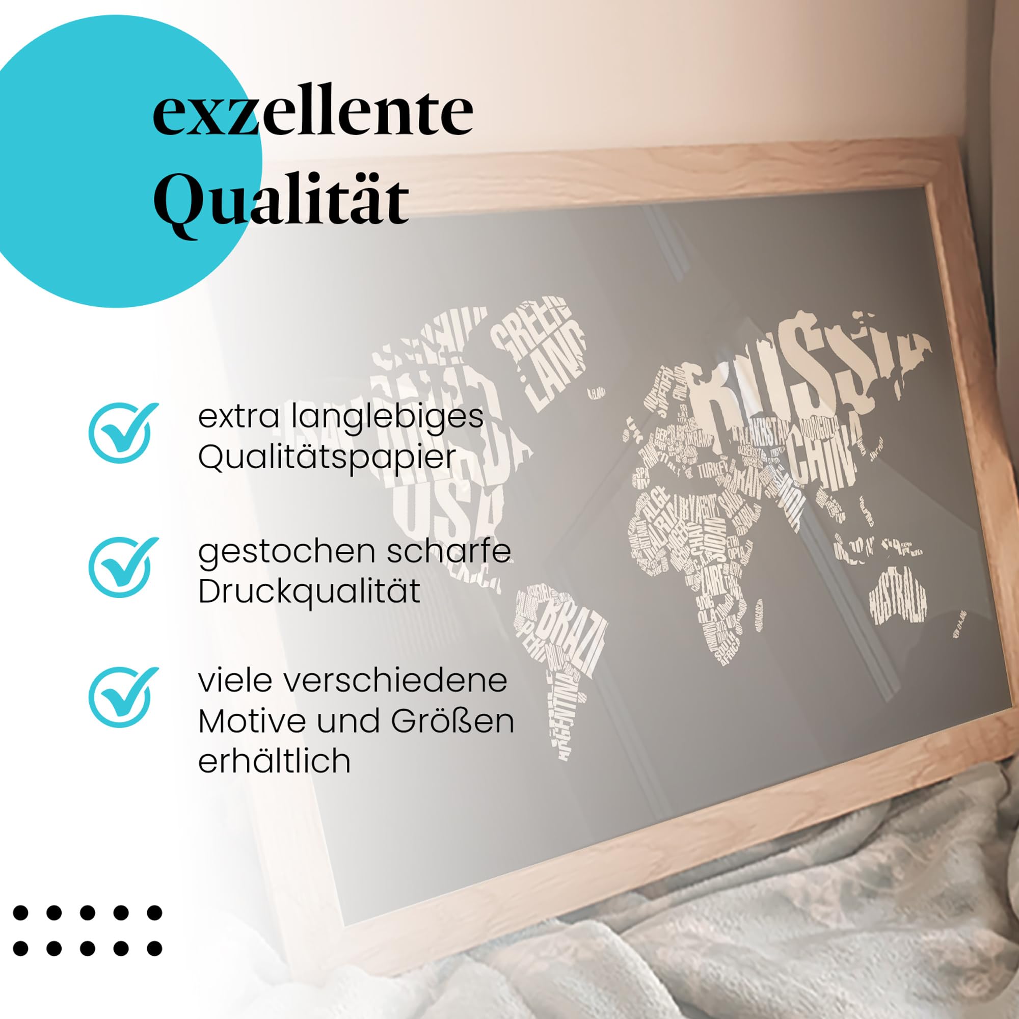 Postereck - 0275 - Moderne Weltkarte, Schrift Kartographie - Unterricht Klassenzimmer Schule Wandposter Fotoposter Bilder Wandbild Wandbilder - Leinwand - 100,0 cm x 75,0 cm