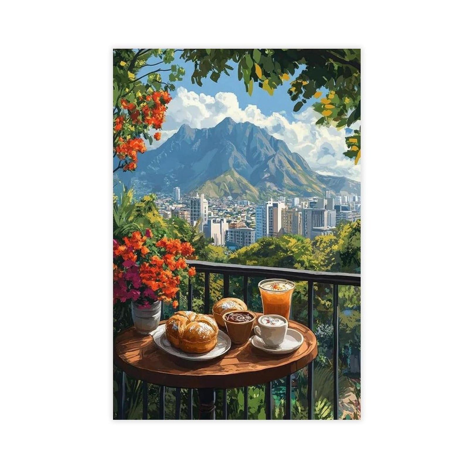 QOTOPGPG Poster su tela con vista sul balcone di Pan Dulce Breakfast, Monterrey, decorazione per camera da letto, ufficio, stanza, regalo, 60 x 90 cm