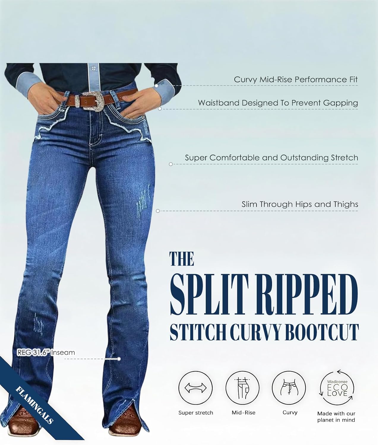 Flamingals Bootcut Mid Rise Split Ripped Stitch Curvy Jeans for Women image 2