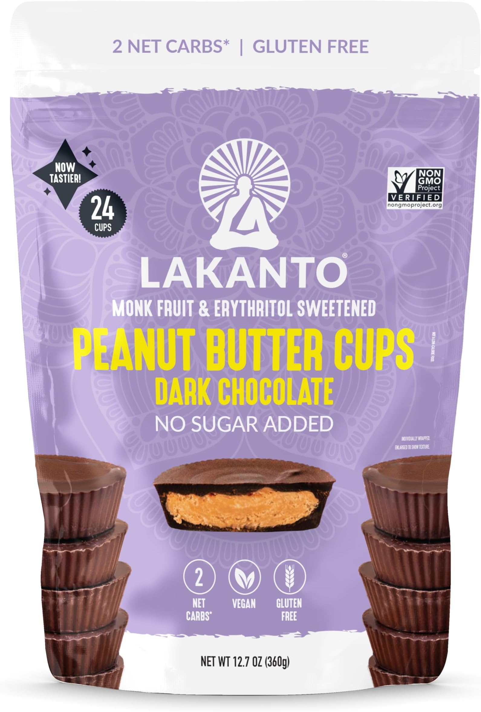 Lakanto Sugar Free Chocolate Peanut Butter Cups - Sweetened with Monk Fruit, On the Go, Gluten Free, Vegan, Keto Diet Friendly, 2g Net Carbs, Cocoa Butter, Nut Butter, Cacao (24 Cups - Pack of 1)