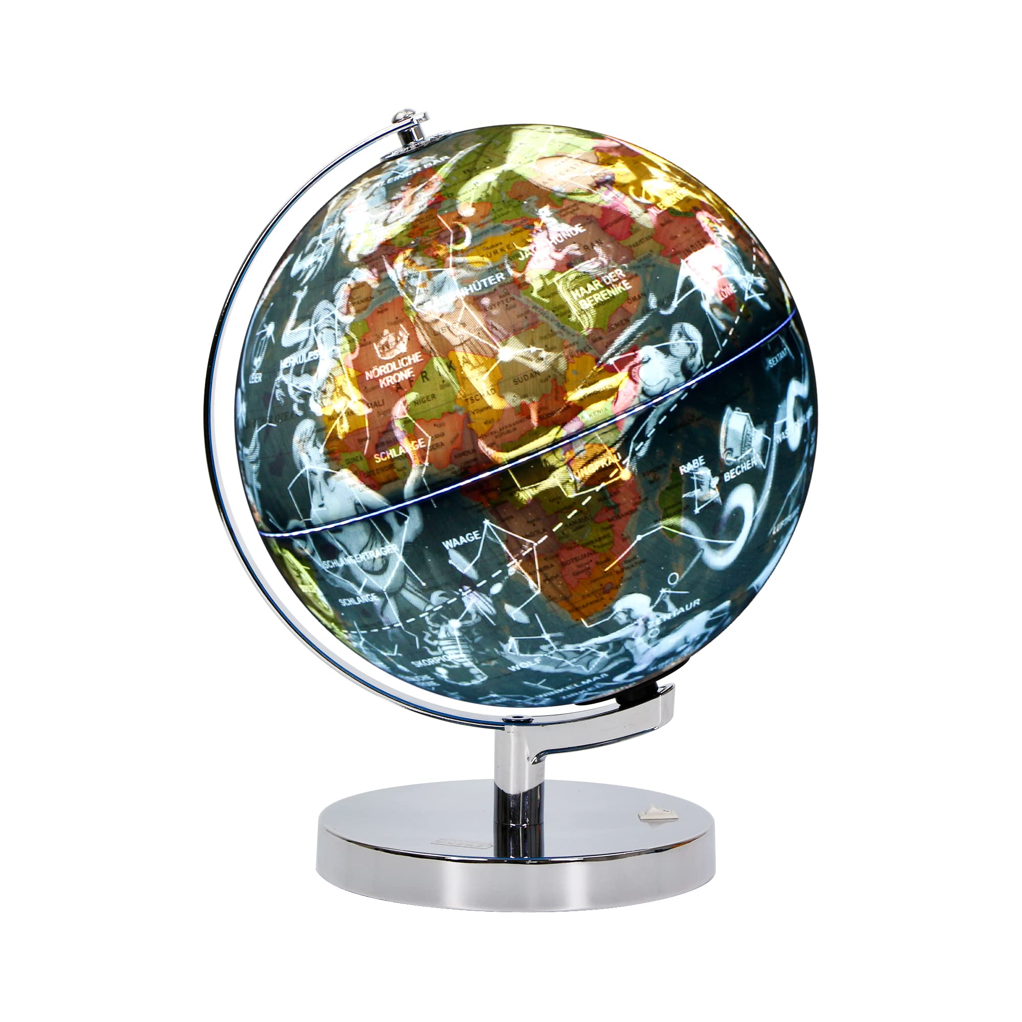 Exerz 23cm Leuchtglobus Metallsockel - Deutsche Karte - Schülerglobus Mit Kabelfreier LED-Beleuchtung Bei - Politische Karte (Tageszeit) - Konstellation Sterne (Nacht)