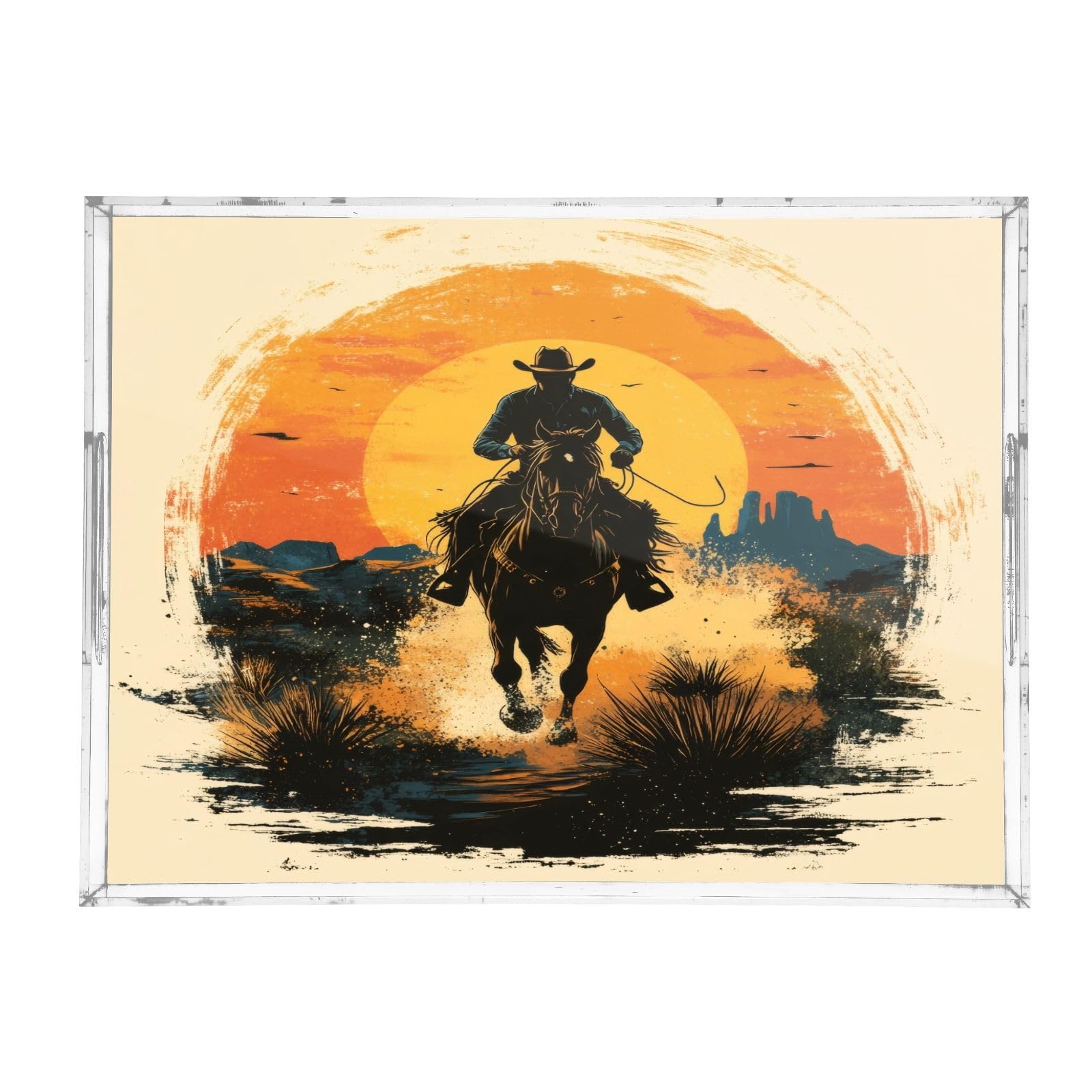 Msyxl Western Cowboy Serving Tray for Coffee Table, Decorative Acrylic Tray Western Cowboy Tray with with Handles for Breakfast, Ottoman, Countertop, 12x16 in