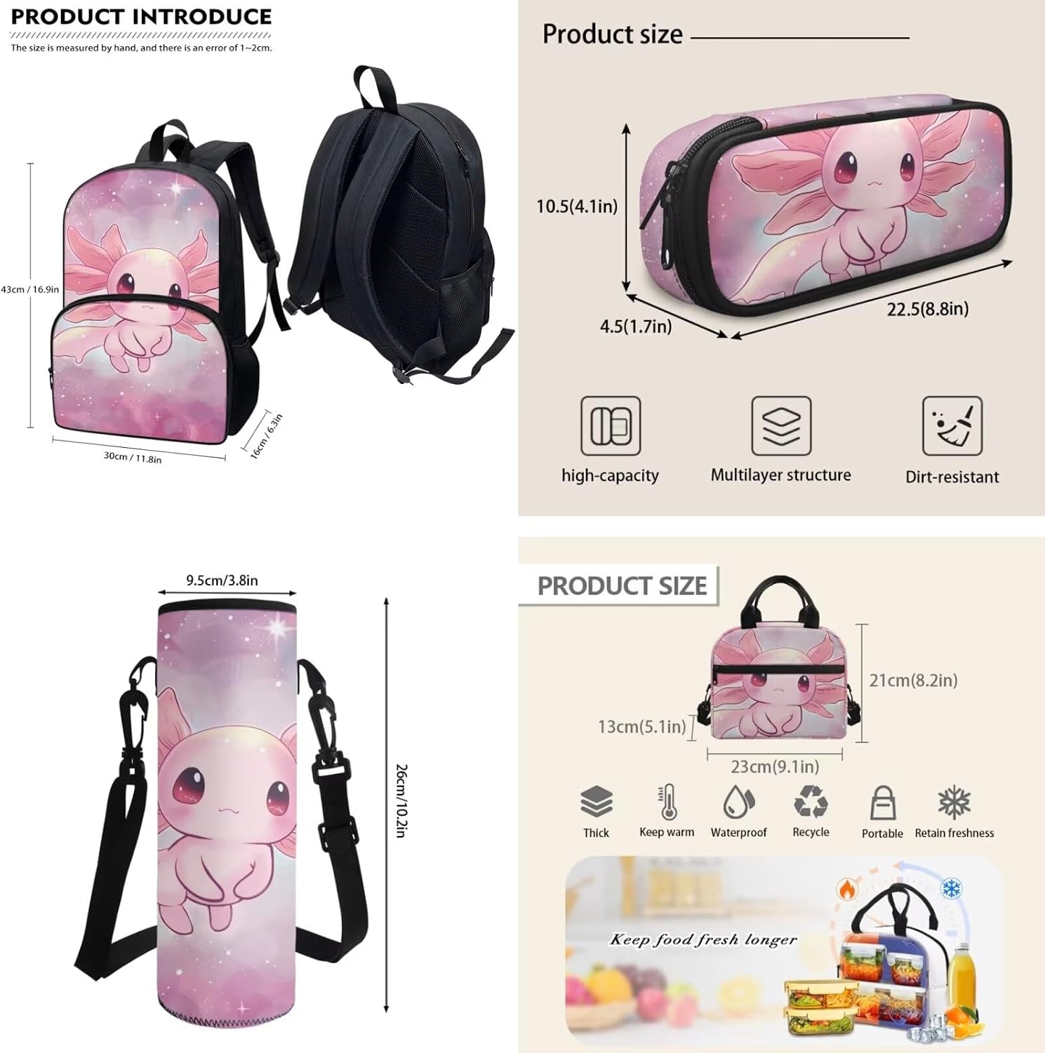 Cartoon Pink Axolotls Bag Girls Axolotls Schoolbag Set of 4 Pcs,17Inch Bookbag and Insulated Lunch Bag Pencil Case for Children Kids,Kindergarten School Bag