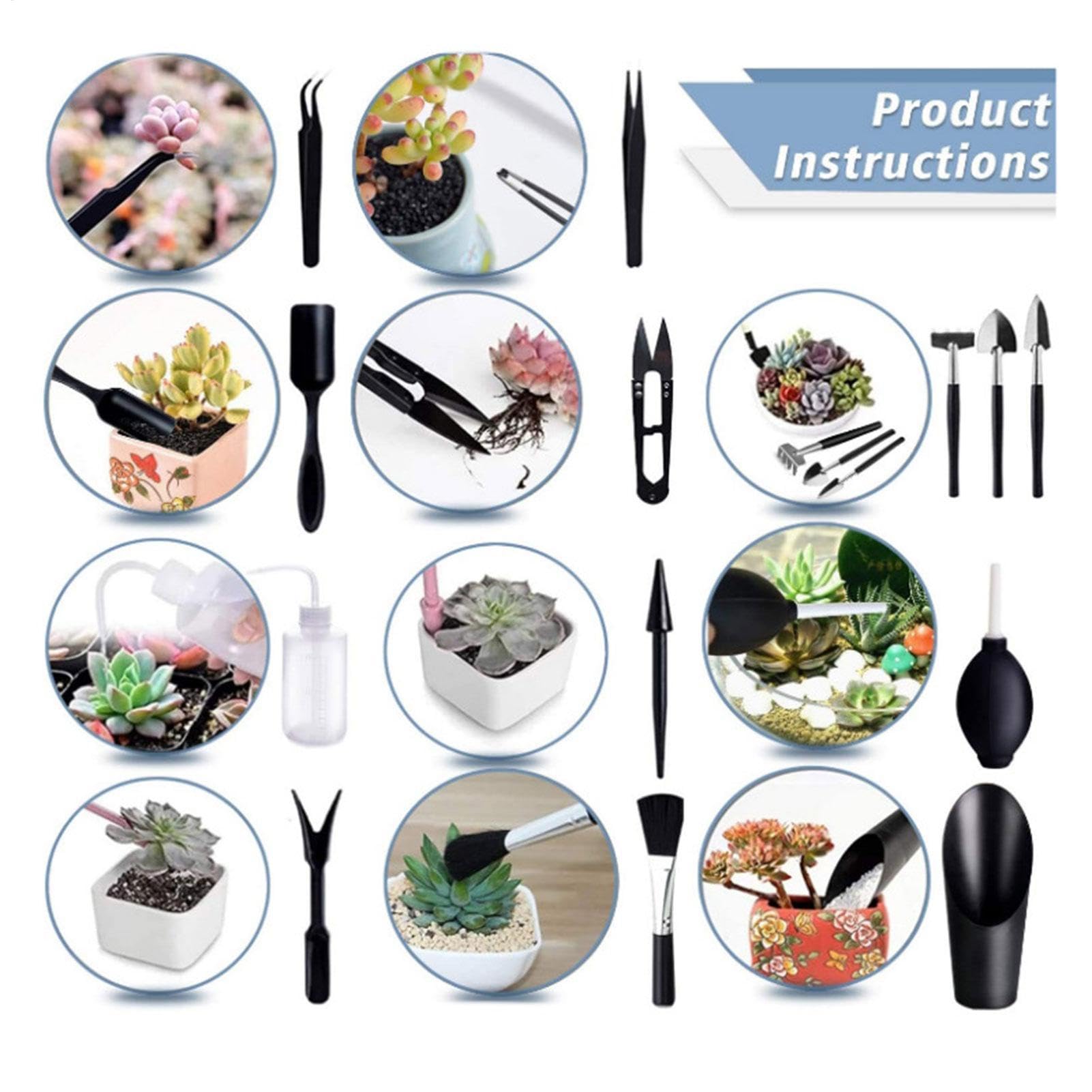 Kit di Utensili per Terrari, Strumenti per Piante Grasse | Manuale di 16 Pezzi Set da giardinaggio - min Strumenti per Piante Interne, Vasi di Vaso, Bonsai, Cactus, t