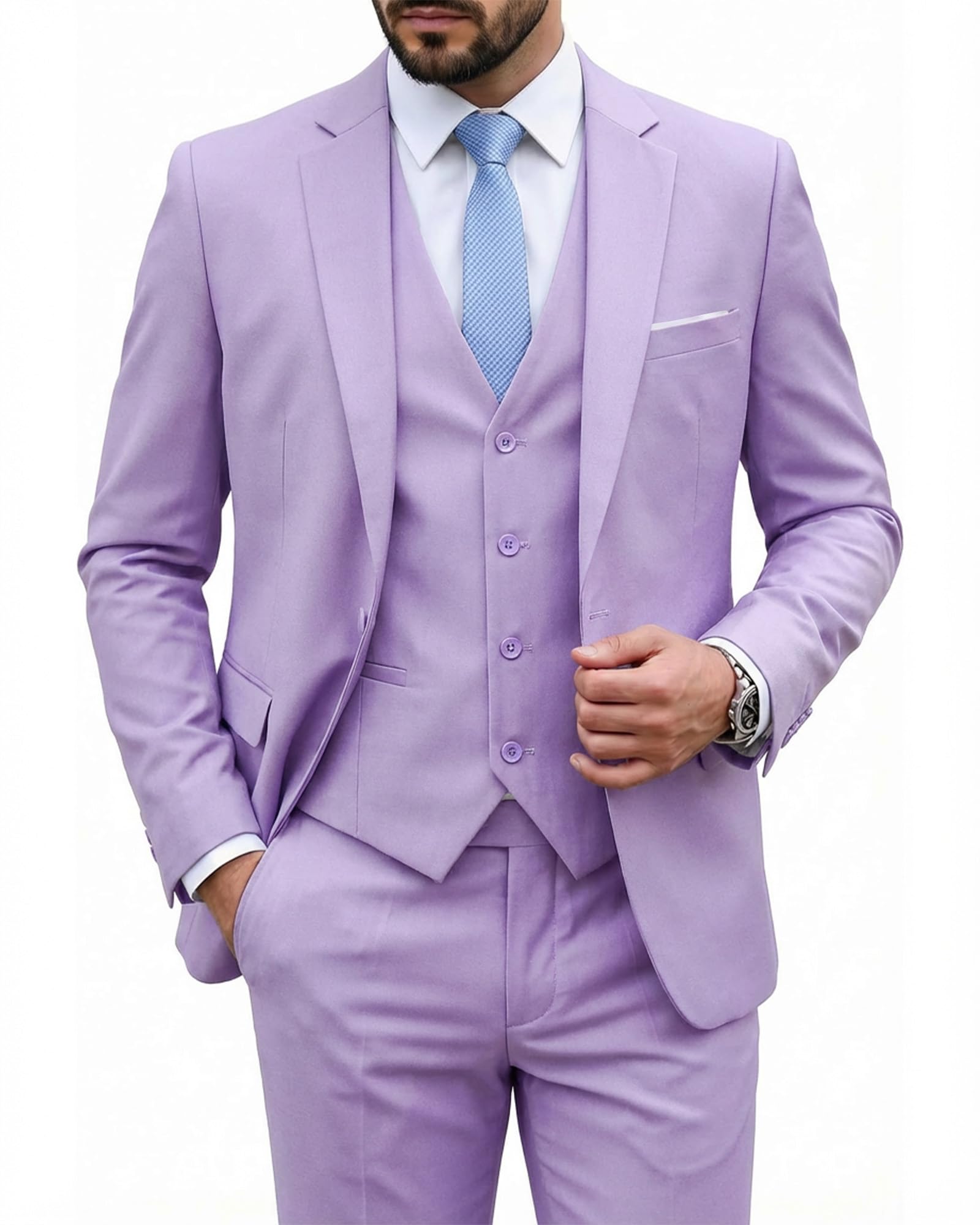MY'S Men's 3 Piece Suit Set with Tie, One Button Slim Fit Solid Jacket Vest Pants, Prom Party Wedding Business Suits for Men