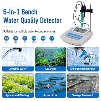 Digital Benchtop pH Meter, 6-in-1 Laboratory Water Quality Meter with pH, ORP, EC, TDS, CF & Temperature, Professional Lab Tester for Laboratory, Aquarium & Agriculture