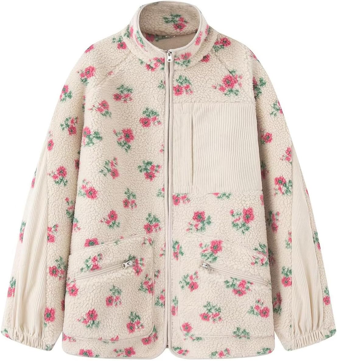 chouyatou Women's Winter Casual Spliced Floral Fleece Jacket Fall Fuzzy Oversized Faux Fur Sherpa Jacket