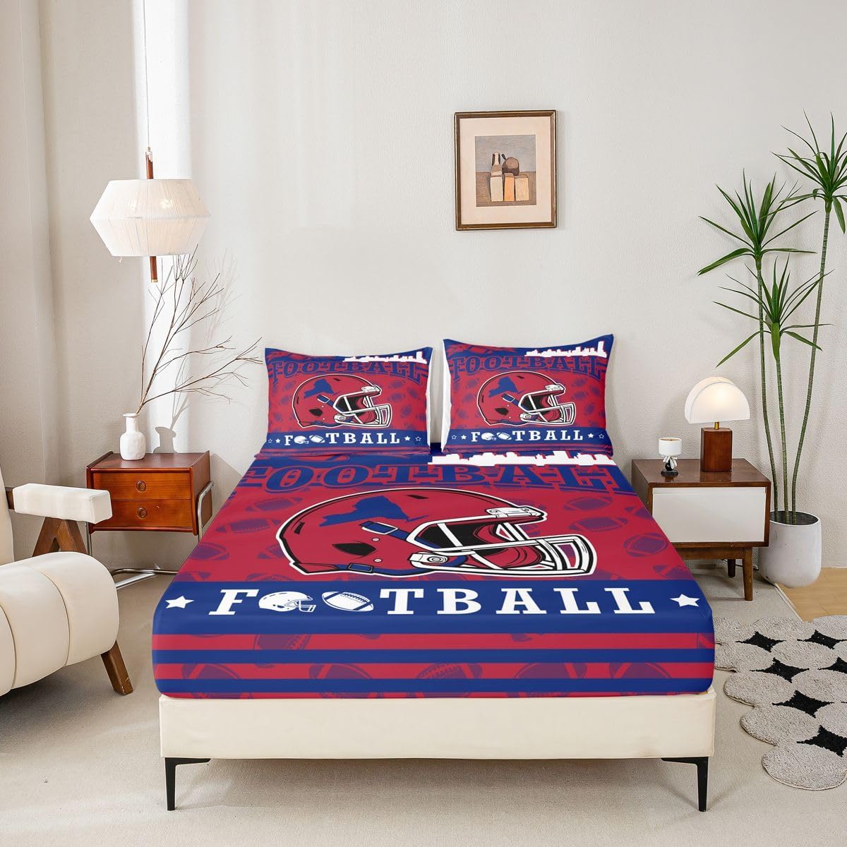 Erosebridal Football City Bed Sheets Set,Gridiron Players Sheet Set for Kids Boys Girls,City Map Sheets 4 Piece,Sports Rugby Top Fitted Sheet for Sports Fans Queen Size