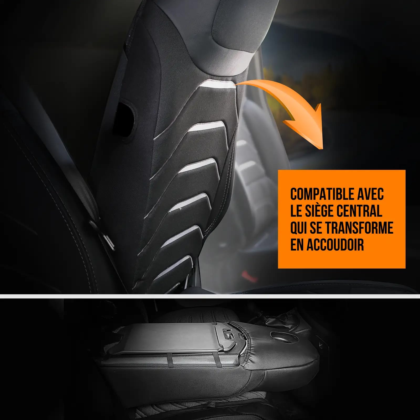 Housses de siège auto 2+1 pour Renault Master 2011-2023, Opel Movano 2011-2021, Nissan NV400 2011-2021 - Lin/noir/gris - Ensemble de sièges avant (siège passager droit divisé)