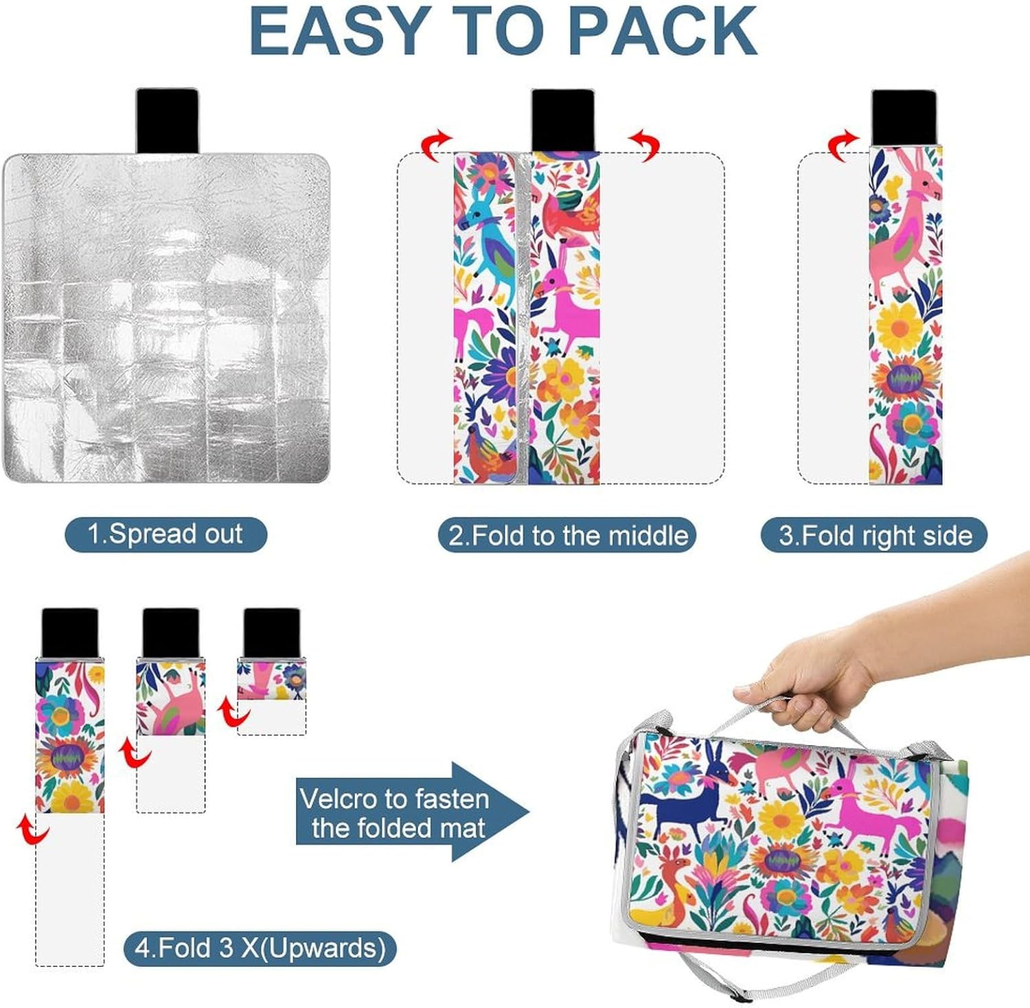 Outdoor Picnic Blanket,Mexican Otomi Animals Print Picnic Blankets,Large Beach Blanket Sand Free Foldable Portable Camping Blanket, 58.3x58.3