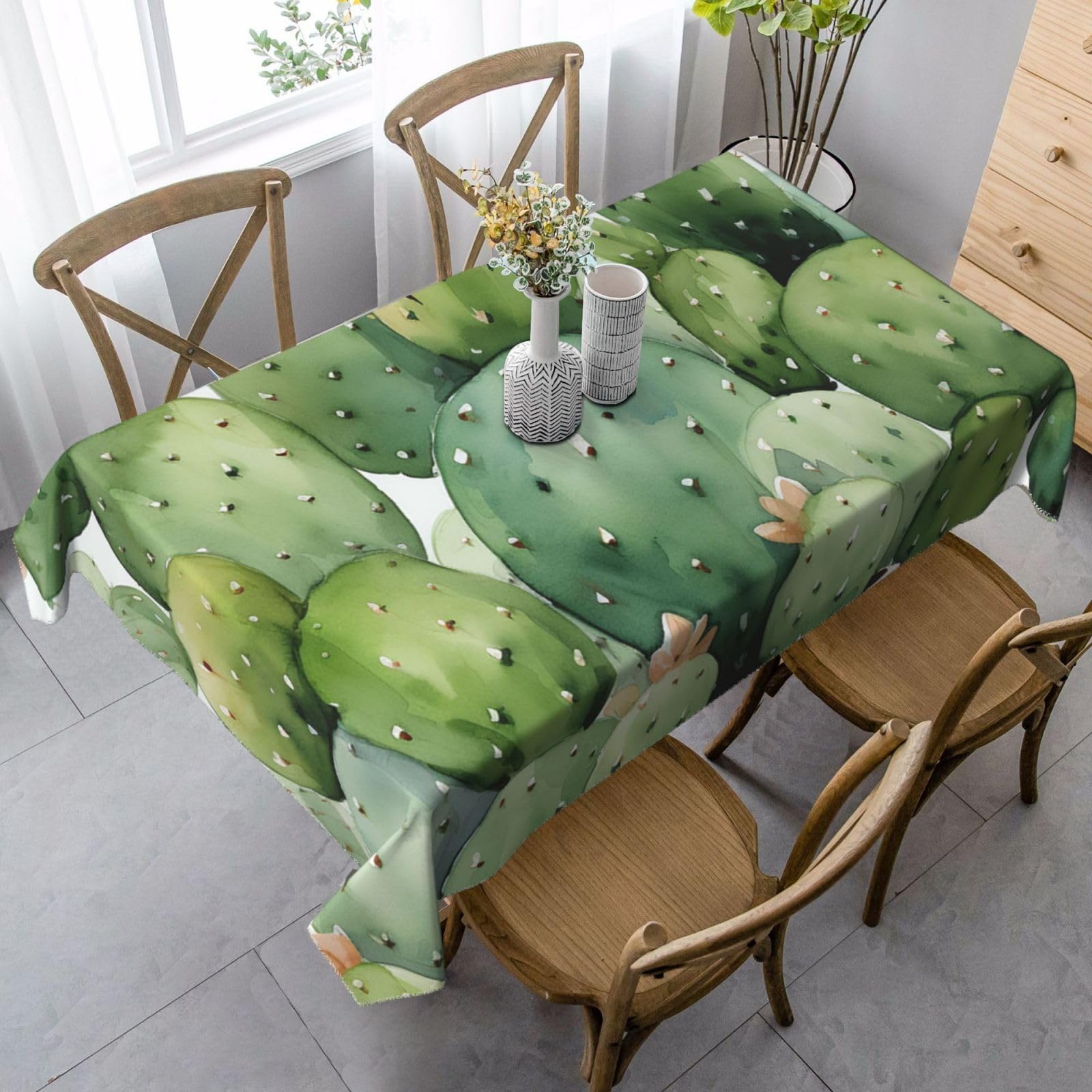 Cute Watercolor Cactus Rectangle Tablecloth 35x55 Inch, Washable Reusable Farmhouse Table Cloths Wrinkle Free And Spillproof Kitchen Dinning Table Cover For Party Wedding Picnic Home Decor Tablecloths