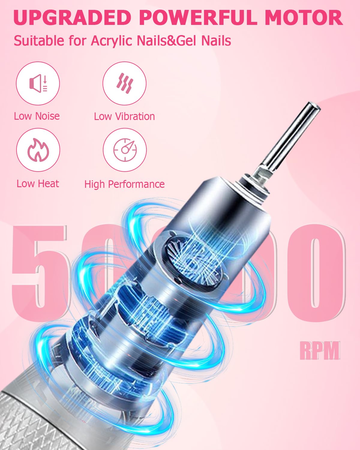 Torno para Uñas Profesional 50000RPM,Taladro Eléctrico para Uñas Profesional,Lima Electrica Uñas,Kit de Lima Portátil para Uñas de Gel con Pantalla LED para Hogar y Salón
