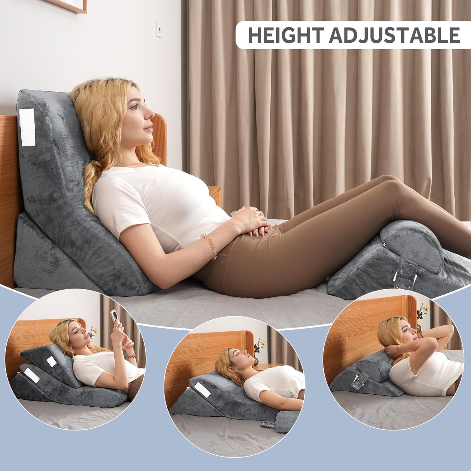 4PCS Orthopedic Bed Wedge Pillow Set, Post Surgery Foam Pillow, Triangle Adjustable Support Pillow for Body Back and Leg Pain Relief, Anti Snoring, Acid Reflux & GERD Sleeping (Grey)