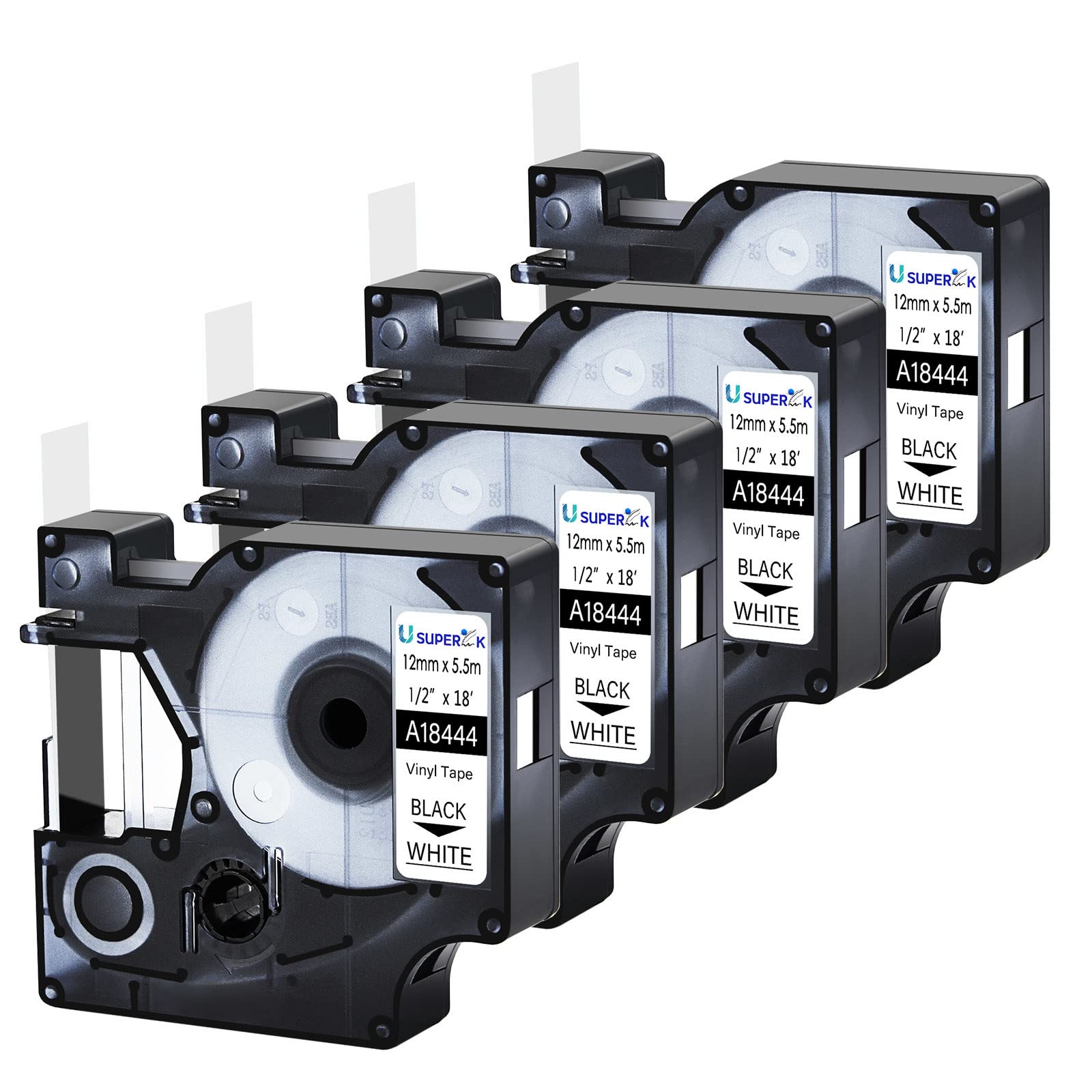 USUPERINK 4 Pack Compatible for DYMO Label Maker Refills 18444 1/2'' 12mm Black on White Industrial Permanent Vinyl Label Tapes for Rhino 1000 3000