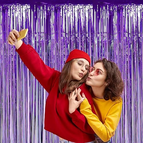 Miniatura 8 de Decoraciones de desfile de Mardi Gras, cortinas de flecos de papel de aluminio morado, 2 piezas de 3.28 x 8.2 pies, serpentinas de oropel para