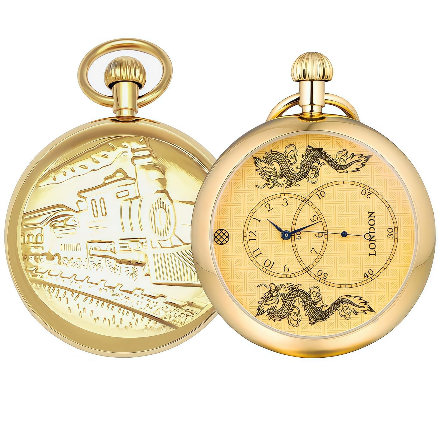 Men's Pocket Watches, Double Dragon Mechanical Antique Skeleton Case with Chain Gold-image-27