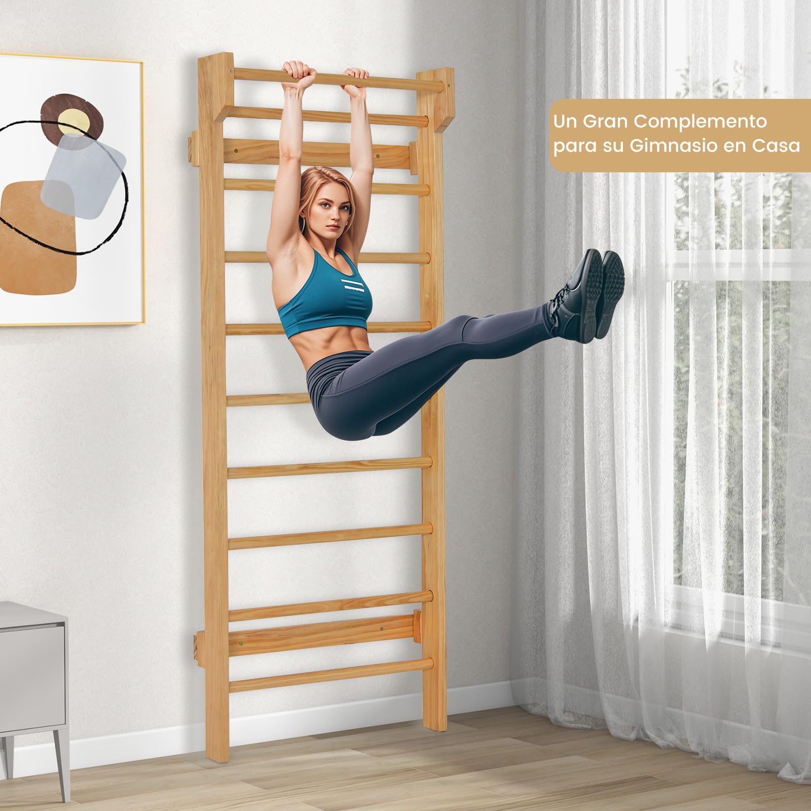 GOPLUS Espaldera Gimnasio de Madera de Pino, Pared de Escalada para Habitaciones Infantiles, Escalera Sueca Barras de Pared para Adultos y Niños, 195 x 80 x 14 cm, Carga 100 kg