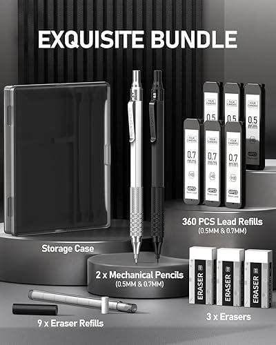 Miniatura 7 de Four Candies Juego de 2 lápices mecánicos de metal con estuche, 0.020 in y 0.028 in con 6 tubos (360 piezas) repuestos de plomo HB, 3 borradores, 9