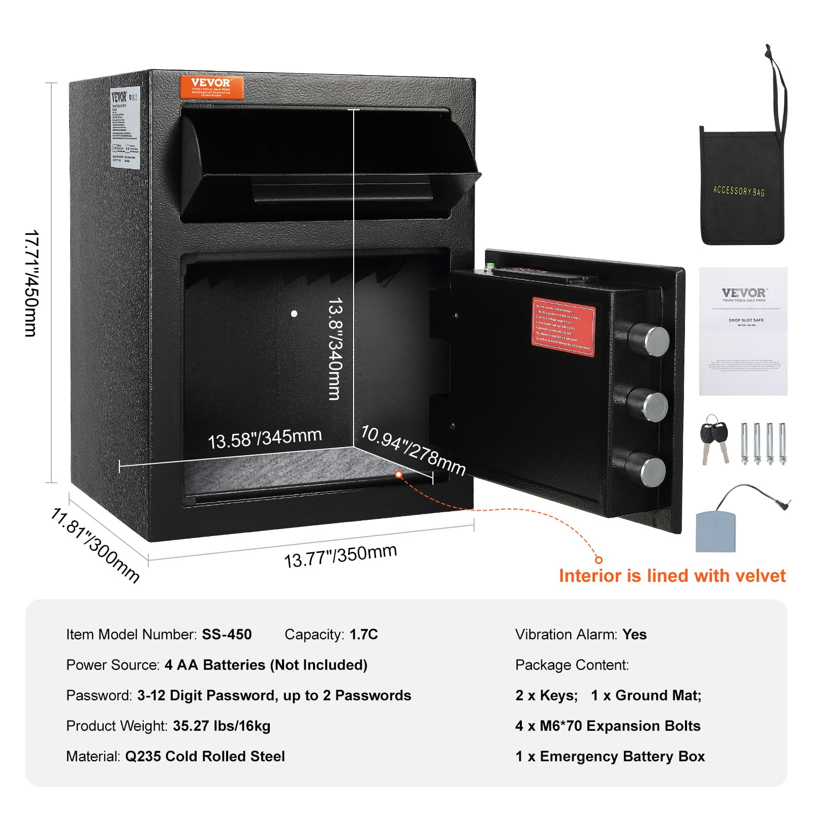 VEVOR 1,7 C Coffre-Fort avec Serrure Électronique de Dépôt, Acier Laminé à Froid Coffre-Fort à Trappe Déverrouillage par Mot de Passe 3-12 Chiffres & Clés pour Argent Doc Domicile Noir 450x350x300mm