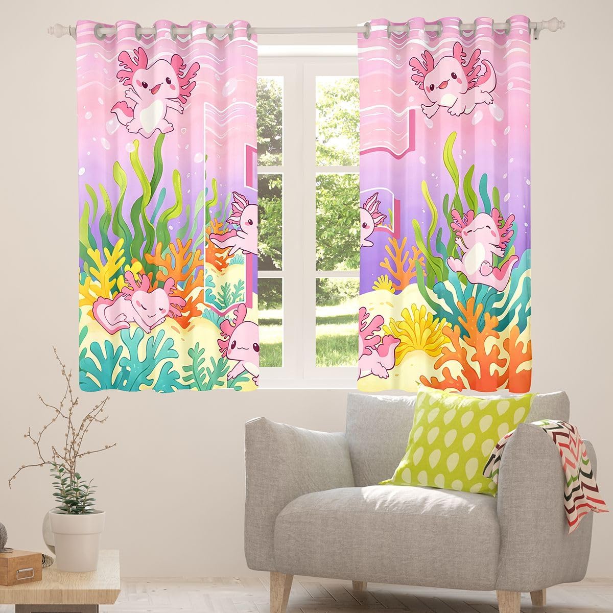 Cute Axolotl Girls Window Curtains 2 Panel Sets 38" Wx45" L Monogram Letter F Window Treatments Drapes Pink Cartoon Salamander Blackout Curtains For Kids Women Bedroom Kawaii Ocean Animal Decor