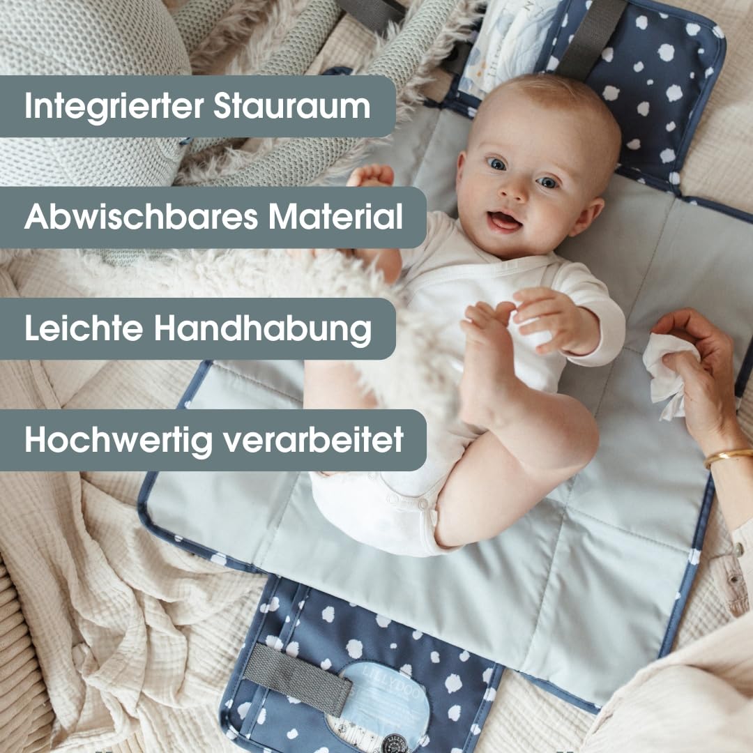 emma & noah Wickelunterlage für Unterwegs, 82x52 cm (gefaltet 25x18 cm), Abwaschbar, Wickeltasche mit Windeltasche für den Kinderwagen, Organizer für Windeln und Feuchttücher (Leo Grau)