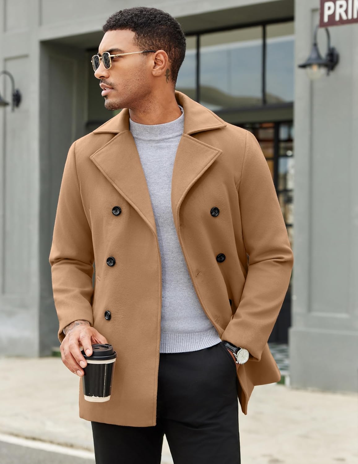 COOFANDY Men's Double Breasted Pea Coat Winter Overcoat Short Trench Coat Notched Collar