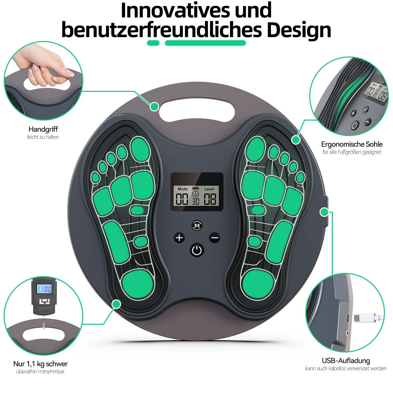 Medic Durchblutungs-Stimulator Beine, Tragbar Fußmassagegerät für Schmerz und Durchblutung, Verbessert Polyneuropathie, EMS Fußmassagegerät, Bekämpft Knie- und Beinschmerzen, mit 4 Elektrodenpads
