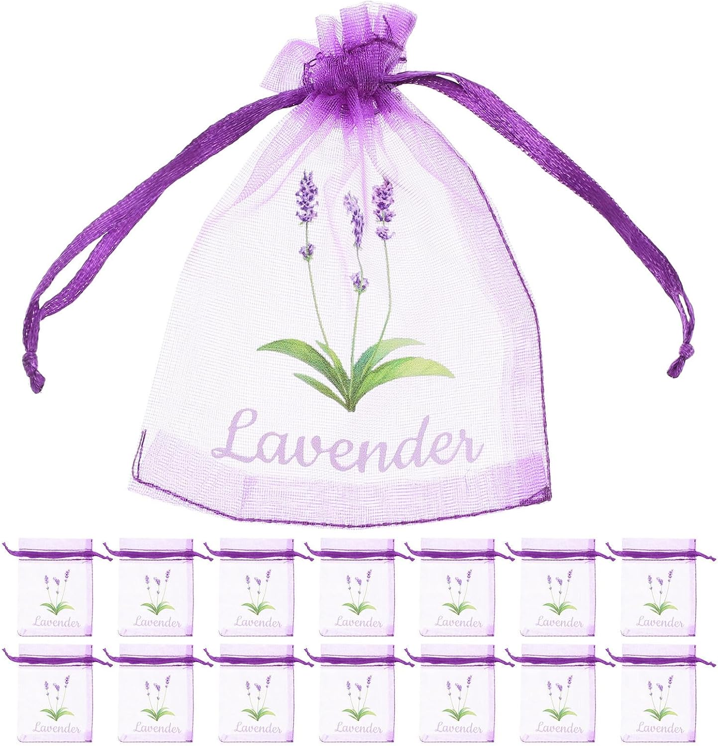 Amosfun 30pcs Lavender Drawstring Sachet Bags for Aromatherapy and Home Fragrance, Purple Gauze Pouches with Elegant Lavender Print, Multipurpose Storage for 5g Dried Flowers, for Travel
