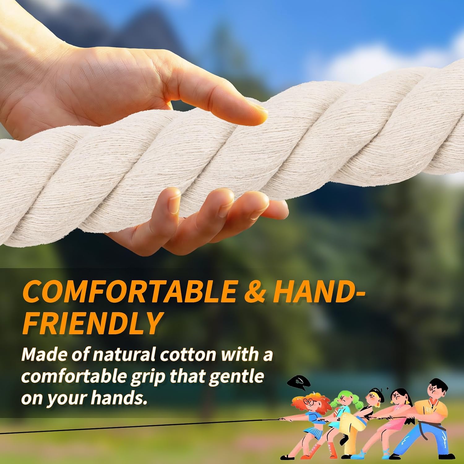 Tug of War Rope for Kids & Adults - 40ft Soft Cotton Outdoor Pulling Rope with Flag for Team Building Activities Field Day Family Reunions Birthday Parties Camping Games- Beige