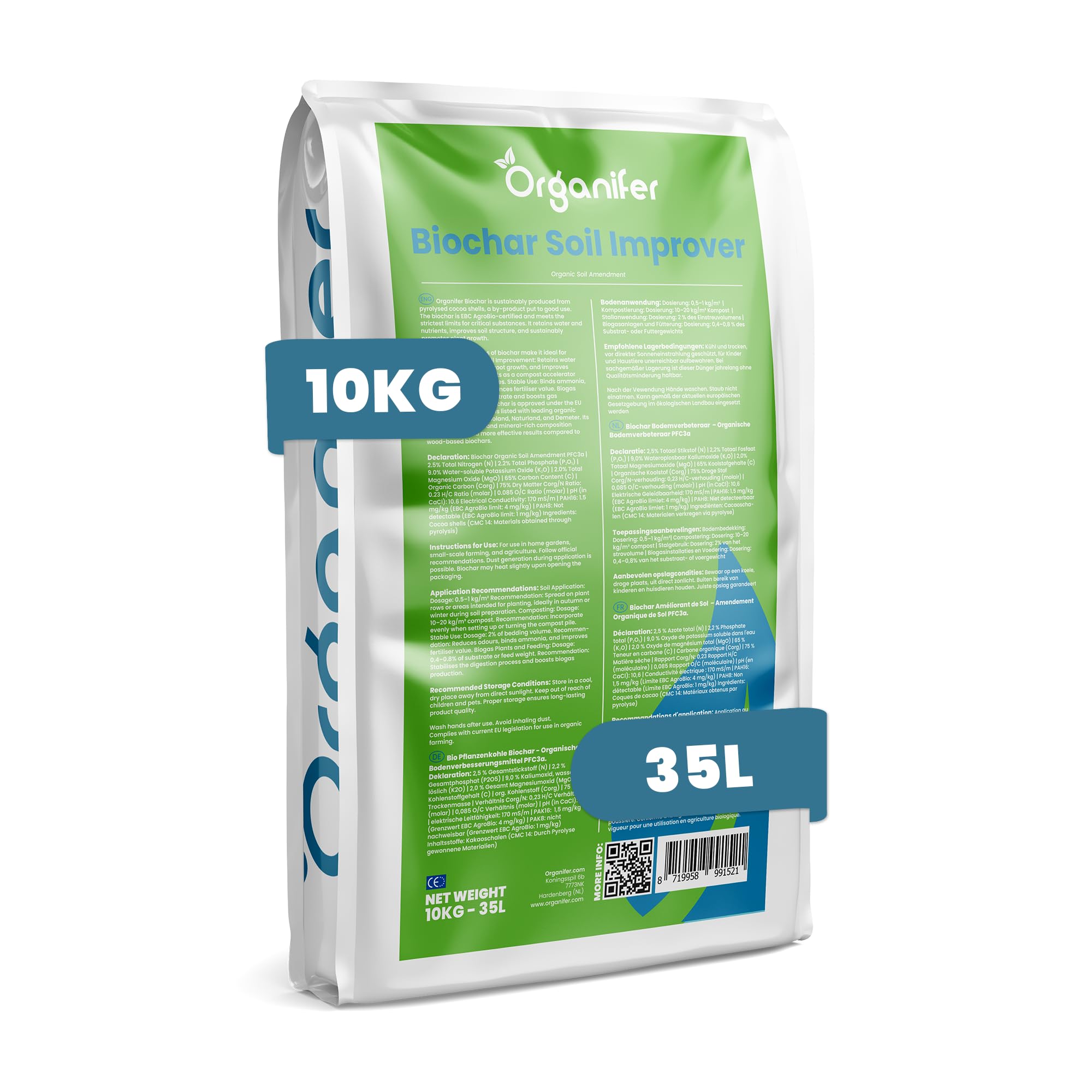 Ammendante Per Il Terreno A Base Di Biochar - 10 Kg Per 35 L - Biochar Da Gusci Di Cacao - Arricchimento Del 65% Di Carbonio Organico Per Ritenzione Idrica, Fertilità E Sostenibilità - Organifer