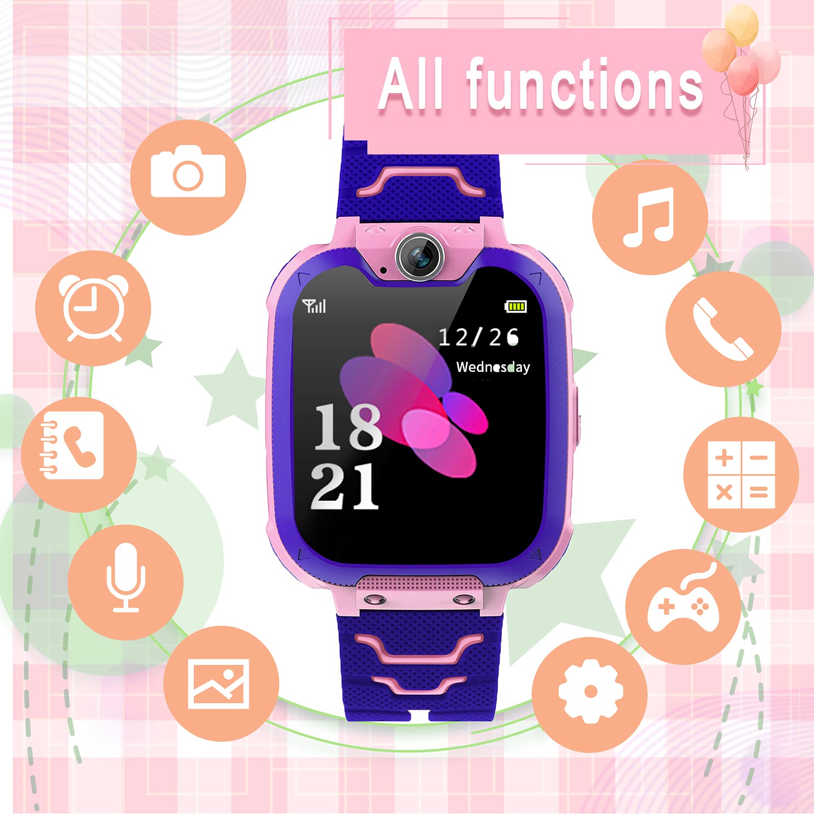 Montre Intelligente pour Enfants - 7 Jeux, Musique MP3, Appels Téléphoniques, Écran Tactile, 1GB SD Card, Caméra, Alarme, Smart Watches 4-12 Ans