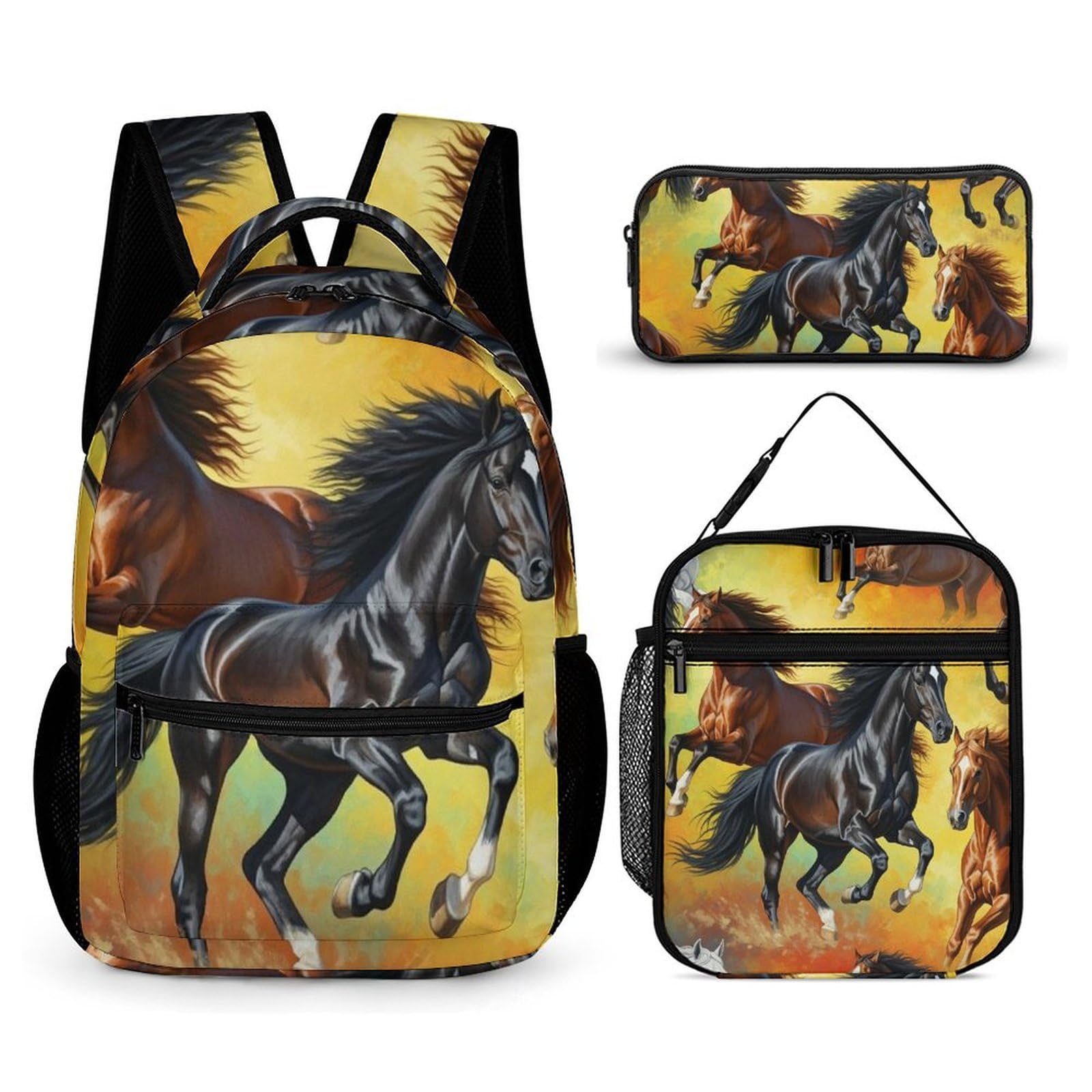 Mochila con bolsa de almacenamiento para la lonchera, conjunto de mochila para libros de caballos salvajes y cosméticos.