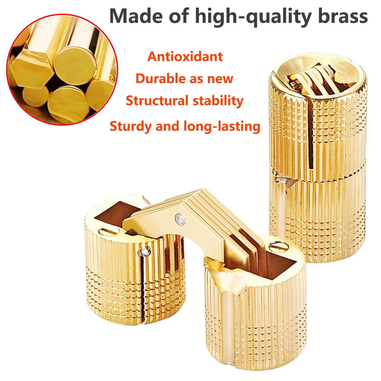 Qrity 3 Pcs Cylindrical Barrel Hinge, Brass Concealed Hinges, 180° Opening Angle - Image 3