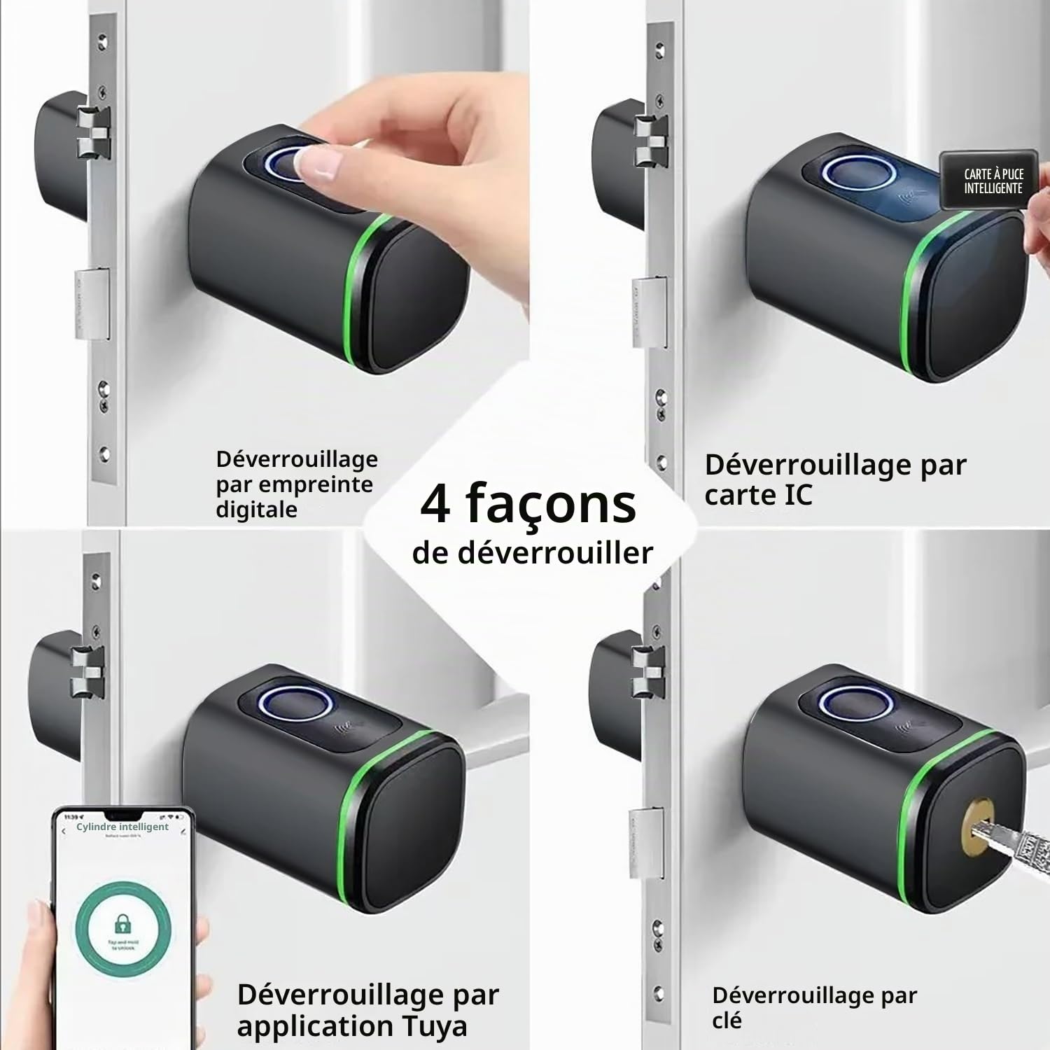 Serrure Empreinte Digitale Connectée,Cylindre Biotechnologique,Ip65,Avec Deux Cartes,Deux Jeux De Clés,Avec Bluetooth,Convient Aux Portes De 35 à 60 Mm(Noir)