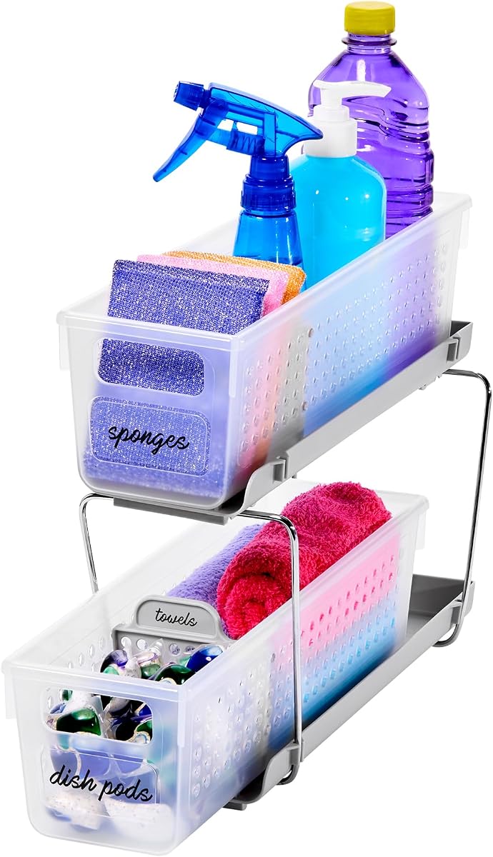 Mini 2-Tier Organizer, Multi-Purpose Slide-Out Storage with Handles and Dividers for Home and Bath, Frost | pull out bins, adjustable dividers, tiered access, cleaning supplies, under sink use, pantry bottles, woman owned