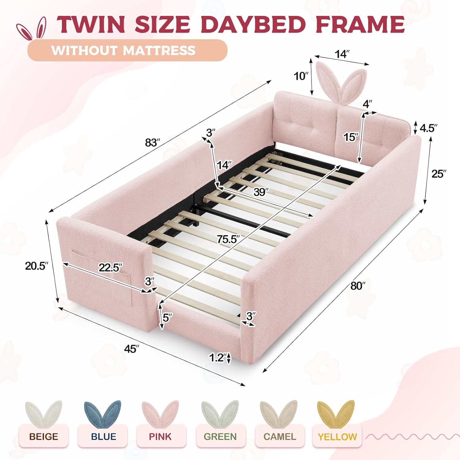 Twin Daybed Frame for Kids, Upholstered Comfy Day Bed Frame with Cartoon Rabbit Bunny Ear Headboard, Boucle Tufted Sofa Bed with Side Pocket for Bedroom Kids’ Room Playroom, No Box Spring Needed, Pink