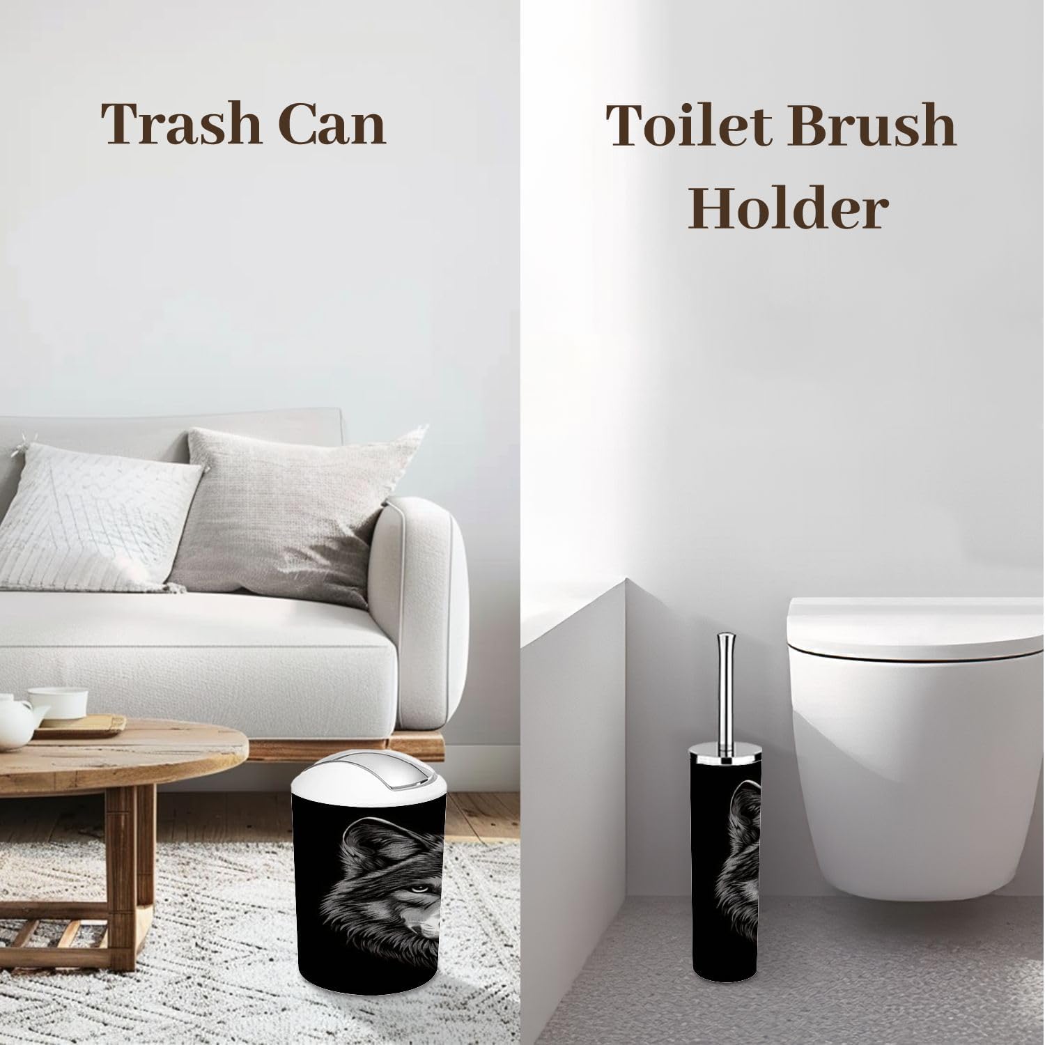 Bathroom Accessory Set 6 Pcs Monochrome Black White Graphic Portrait Black Toothbrush Holder, Soap Dispenser, Toothbrush Cup, Trash Can, Toilet Brush Holder for Rustic Decor