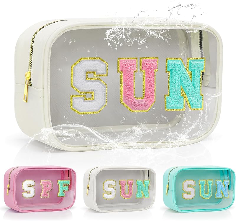 Necessaire transparente Kcjdd com zíper e alça, estampa SUN, Pearl White-SUN, KCSUN, 1 unidade