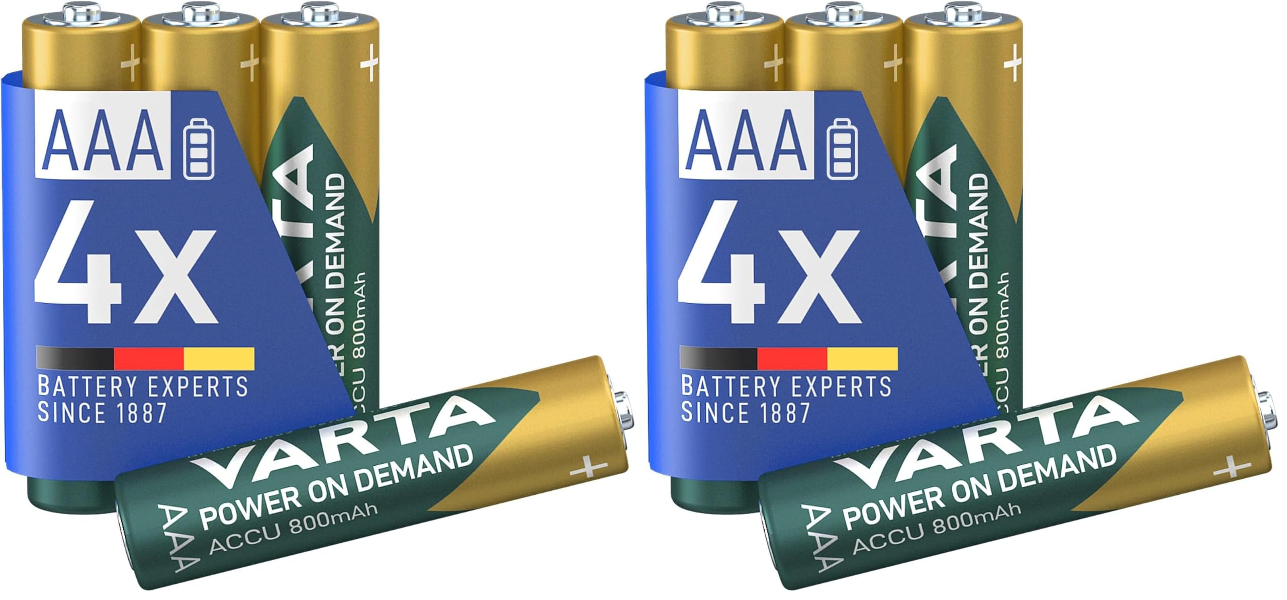 VARTA Batterien AAA, wiederaufladbar, 4 Stück, Power on Demand Recharge Accu, Akku, 800 mAh NI-MH, ohne Memory Effekt, vorgeladen, in umweltschonender Verpackung, sofort einsatzbereit (Packung mit 2)