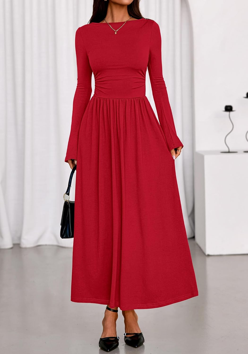 BTFBM Long Sleeve Maxi Dresses for Women 2025 Fall Casual Ruched Boat Neck Flowy Elegant Formal Wedding Guest Dress - Image 6