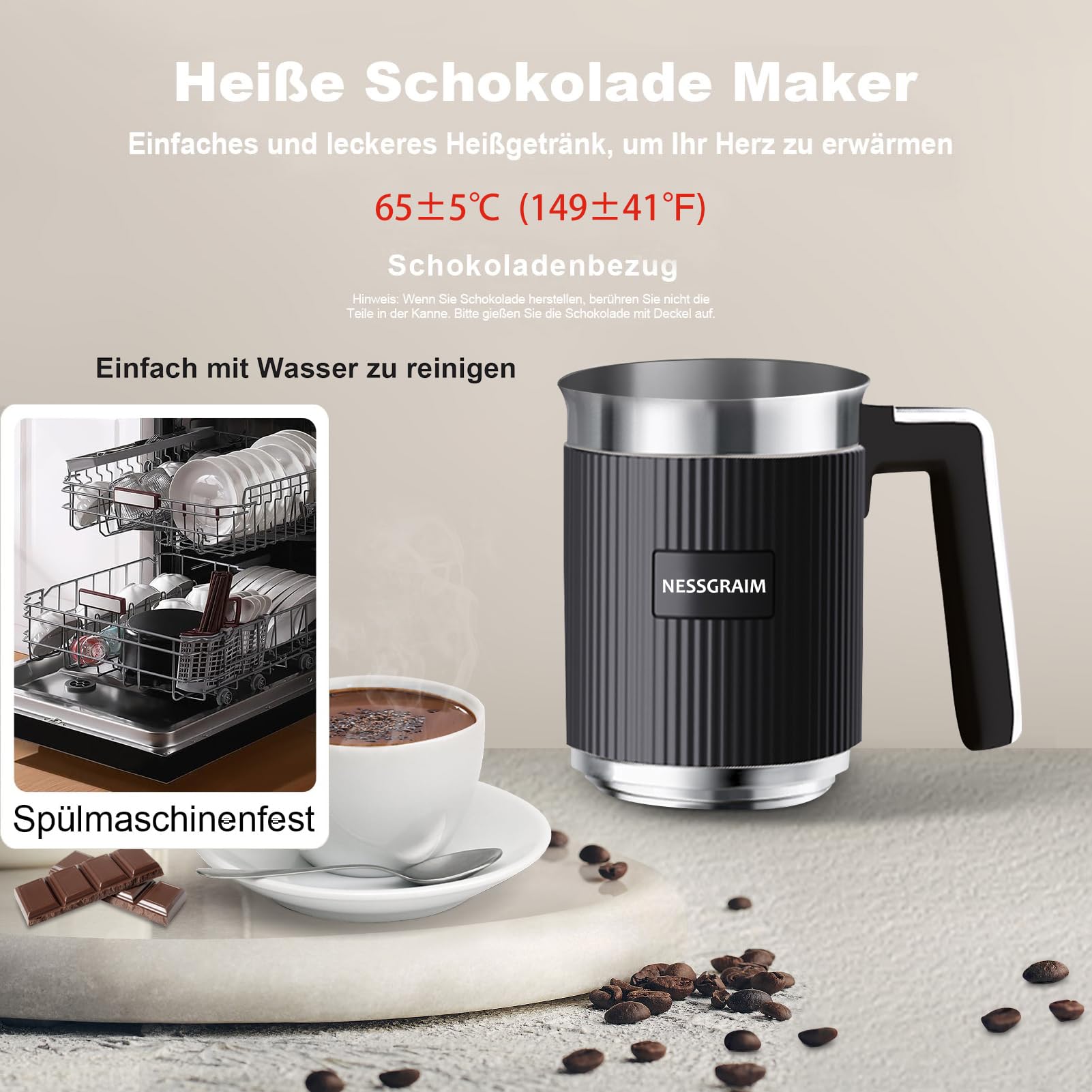 Milchaufschäumer Elektrisch 5-in-1, Milchschäumer Spülmaschinenfest mit Kakao Funktion für heißer Schokoladen, Heißer/Kalter Milchschaum, Warme Milch, 220V (Schwarz)