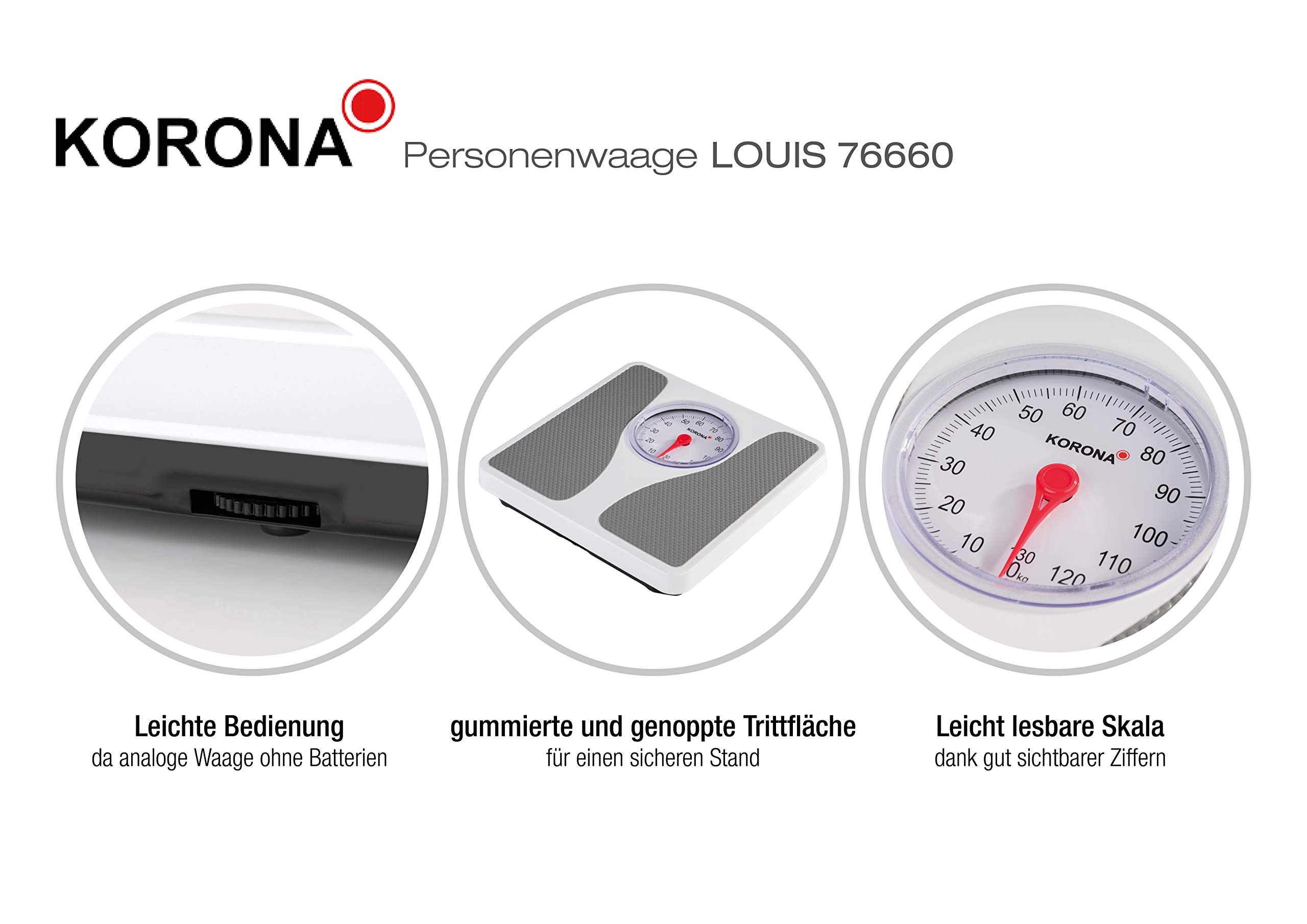 Korona 76660 Mechanische Personenwaage Louis in Weiß - Präzise Körperwaage für Personen bis zu 130 kg - Analoge Waage