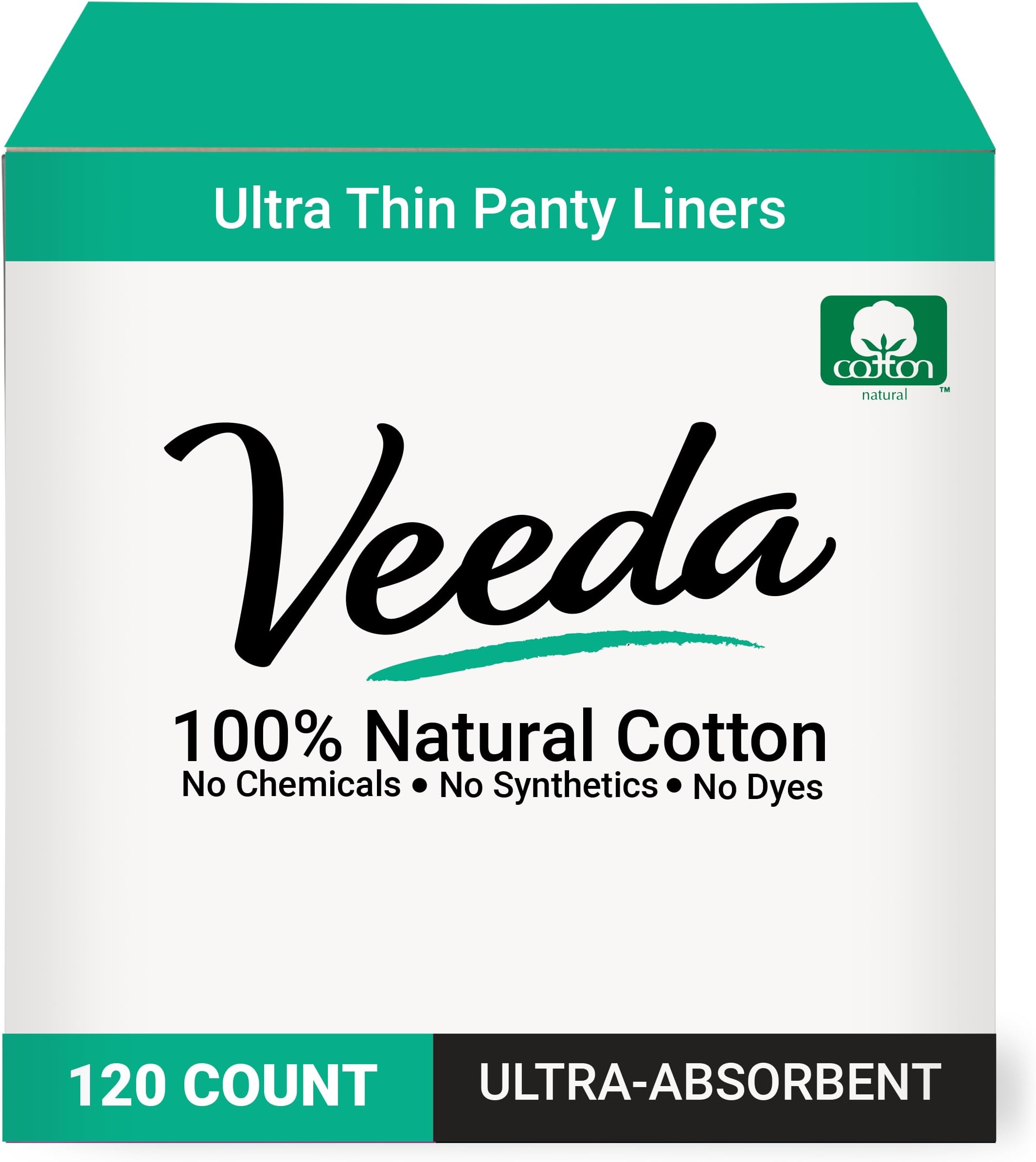 Veeda Natural Cotton Ultra Thin Panty Liners for Women - Breathable Thin Daily Liners are Always Chlorine and Toxin Free - Hypoallergenic & Comfortable Pantyliners - 120 Count