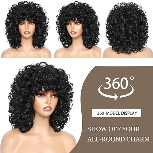 Miniatura 5 de Pelucas Cortas y Rizadas para Mujeres Negras, Peluca Rizada Grande Negra Suave con Flequillo, Rizos Afro Crespos, Resistente al Calor, Peluca