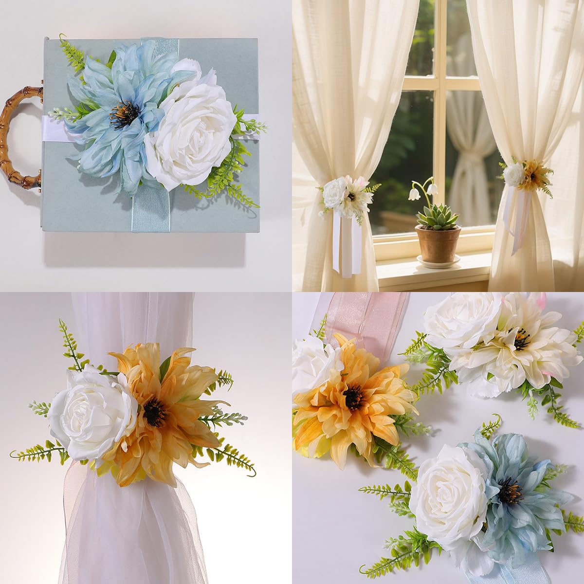 Autoschleifen Hochzeit Autoschmuck, Seidenblume Dekoration Simulation Rose Schleife, Künstliche Blume mit Satinband für Auto-Rückspiegel Türgriff und Stuhlsitze bei HochzeitenHellgelb