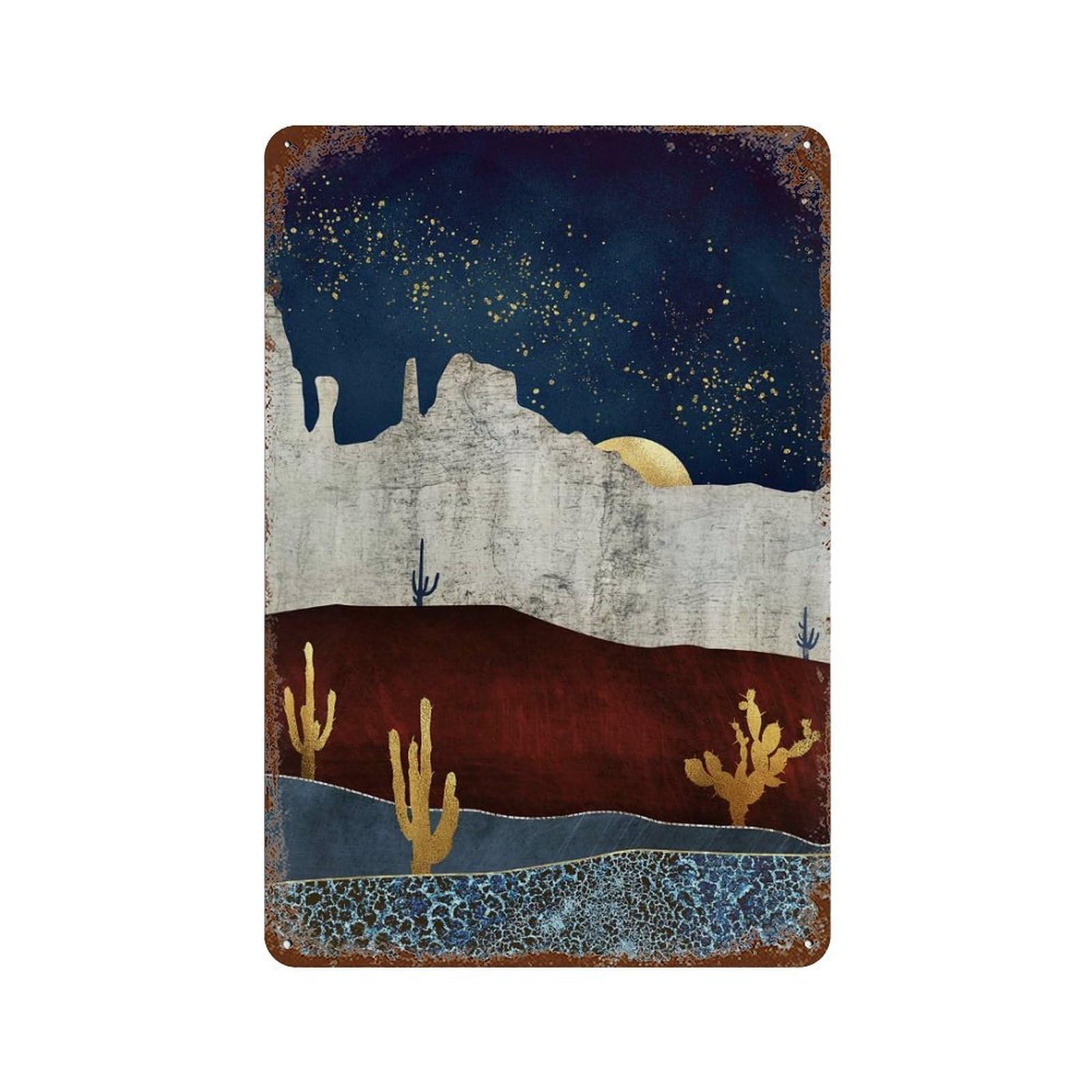 Rust Effect Moonlit Desert Aged Metal Wall Plaque 11.8"x7.9", Shabby Chic Decor for Living Room, Hallway And Home Decor
