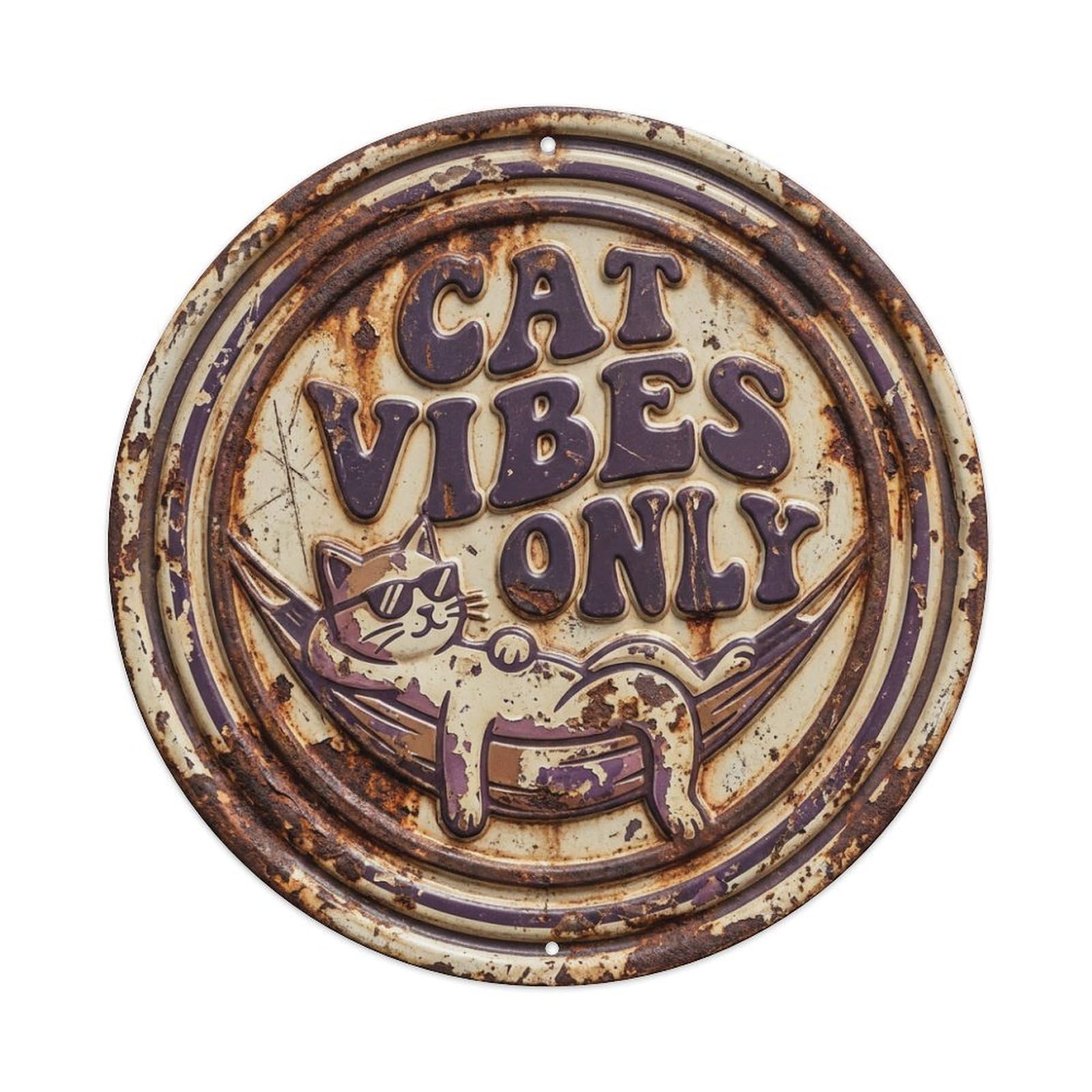 Vintage Cat Vibes Only Meow Metal Tin Sign Plaque Wall Decor for Cafe, Club, Garden Round Metal Poster 8x8Inch