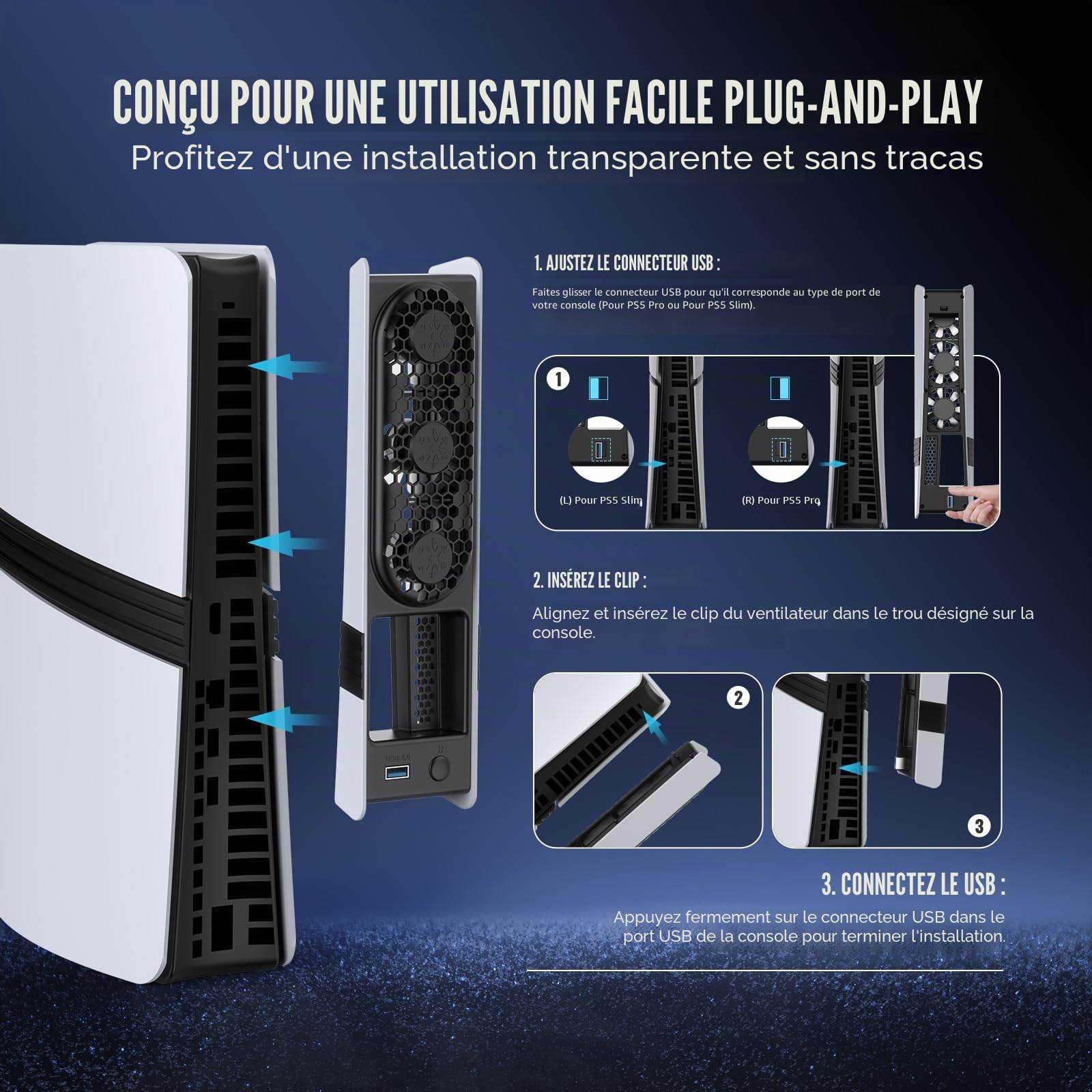 Ventilateur de refroidissement haute vitesse pour console PS5 Pro/Slim - Contrôle automatique de la température, faible bruit, éclairage RVB et port USB 3.0