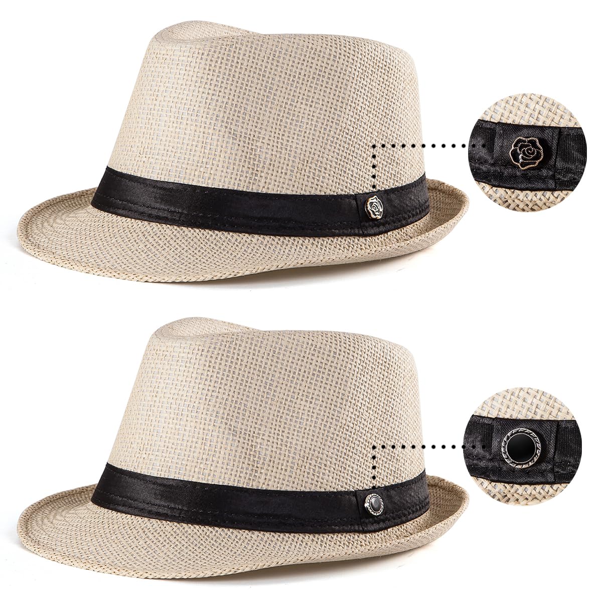 LADYBRO Chapeaux Fedora de paille XL pour homme, été, trilby, plage, voyage, Panama, décontracté, 7 1/2
