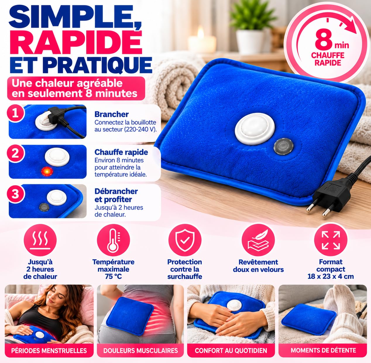 Bouillotte Électrique à Eau pour Douleurs Menstruelles, Sac Chauffant en Velours Doux, Chauffe en 8 Minutes, Chaleur Jusqu'à 2 Heures, Protection Contre la Surchauffe